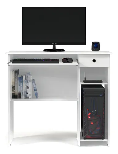 comprar Escrivaninha para Escritório Computador PC Mesa De Computador para Estudo Uso em Sala Quarto Com gaveta para Teclado e Suporte para CPU Viena Cor Branco Ej Móveis