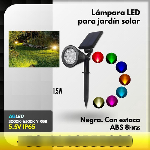 Lampara Led P/ Jardin Solar Negra 1.5w Rgb 5.5v Abs Ip65 8h