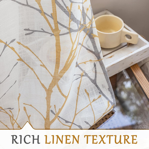Cortinas De Lino Amarillo Estampado Árbol Gris 2 Paneles