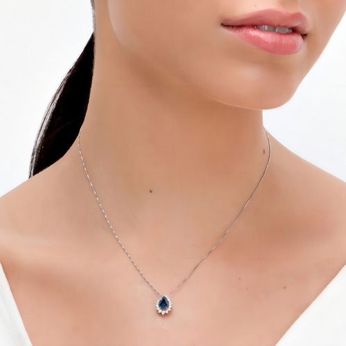Pingente Em Ouro Branco Com Diamante, Safira Azul Cor Azul-turquesa