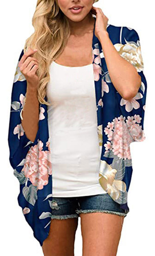 Kimono De Chifón Con Estampado Floral Holgado De Media Manga