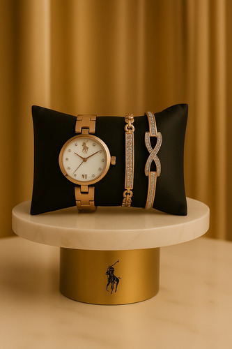 Set De Reloj Y Pulseras Doradas Polo Club Original Para Dama