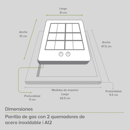 Avera Parrilla De Gas Empotrable 2 Quemadores Acero Inox Ai2 Acero Inoxidable