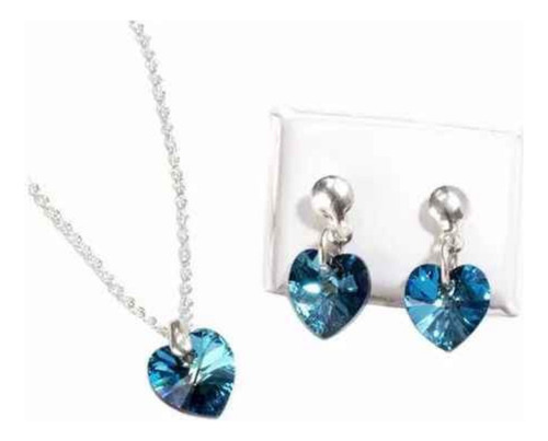 Conjunto Collar Y Aros Media Bolita Corazon Cristal Sw 10mm Bermuda Blue