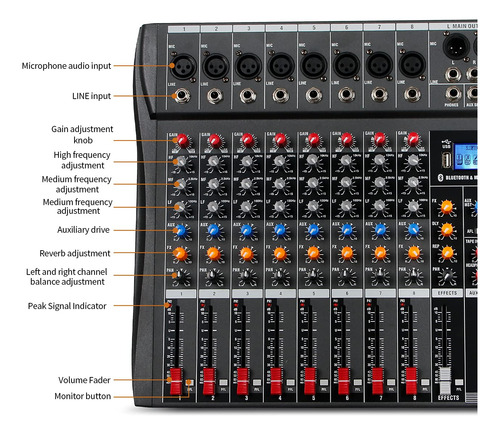 Consola De Sonido Profesional 8 Canales Usb Bluetooth Negro