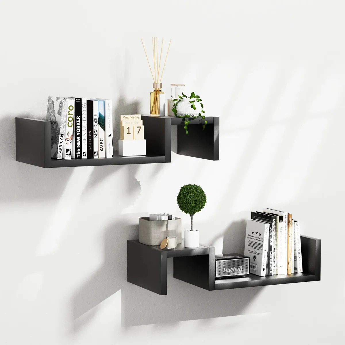 Libreros Repisa Flotante Madera 2 Repisas KIXTLA Minimalistas Estanterias,Repisas Flotantes Para Recamara Y Baño Y Cocina Modernas 58Cm Mueble Con Almacenamiento Multifuncional Neg