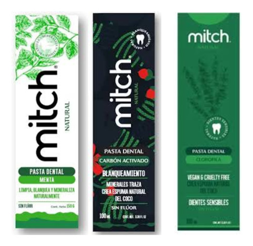 Kit 3pz Pasta Dental Mitch Menta,carbon Activado,clorofila