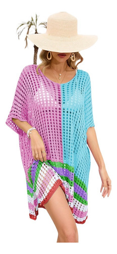 Vestido De Playa De Punto Hueco Patchwork Para Mujer