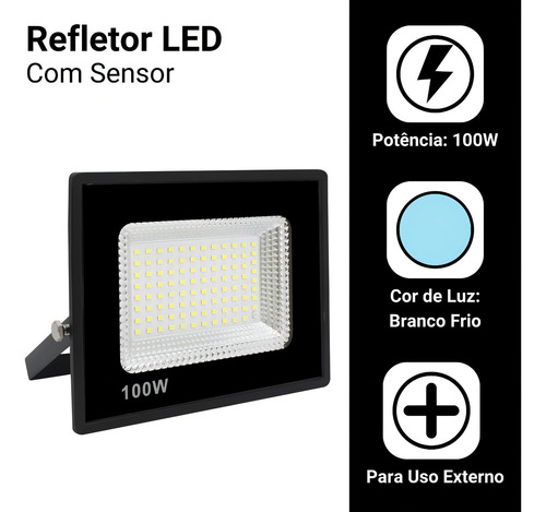 Refletor Led 100w Prova D'agua C/ Sensor De Presença Aaatop Cor Da Carcaça Preto Cor Da Luz Branco-frio 110v/220v (bivolt)