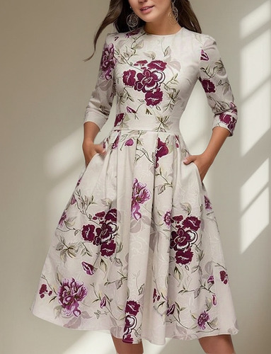 Vestido De Una LĂnea De Cuello Redondo De Flores Elegantes D