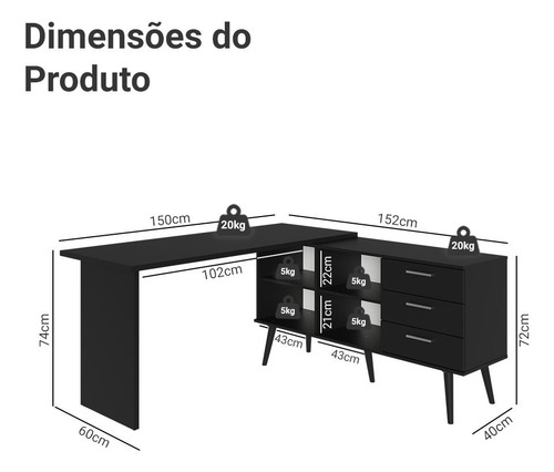 Mesa Computador Gamer Em L 3 Gavetas Preto Lisboa Madesa