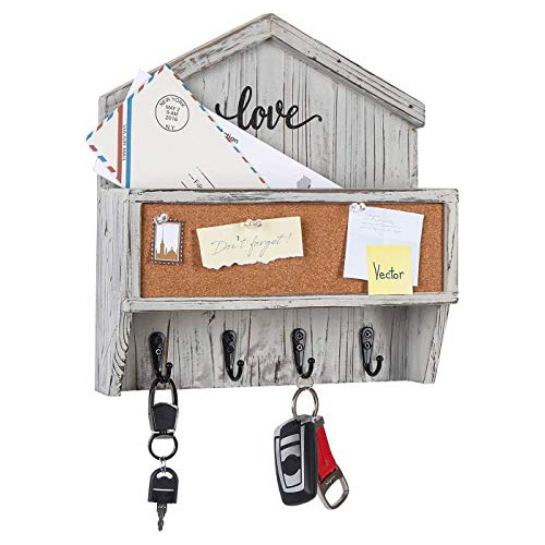 Wall Mounted Rustic White Wash Mail And Key Holder, Woo...
