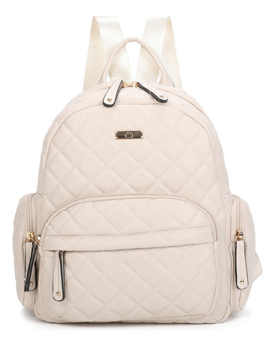 Mochila Mujer Eco Cuero Matelaseada Bolsillos Beige Matelaseado