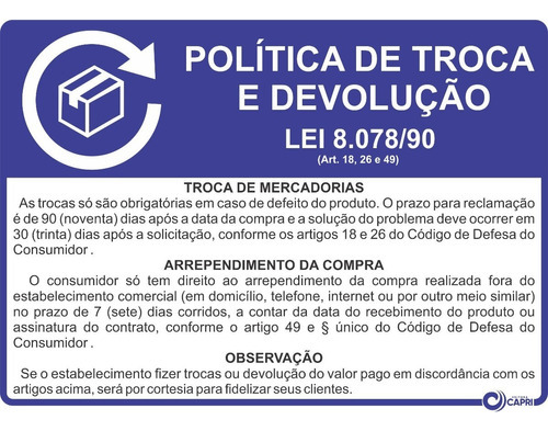 Kit 5 Placas Adesivas Política De Troca E Devolução 8.078