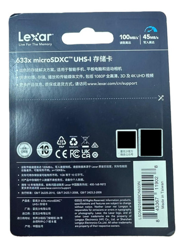 Tarjeta Micro Sd Lexar 256 Gb 100mb/s 633x A1 V30 U3 4k