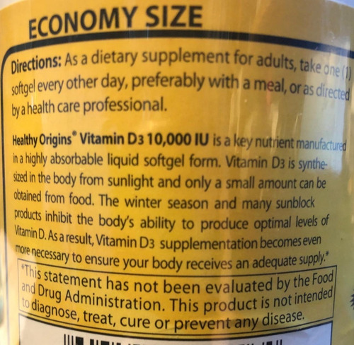 Vitamina D3 10,000 Iu 360 Softgels - Healthy Origins