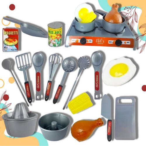 Kit De Brinquedo Cozinha Comidas Panela 23 Peças Infantil Me Cor Cinza