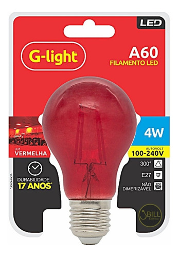 Lâmpada Filamento Led 4w E27 A60 Transparente Vermelha