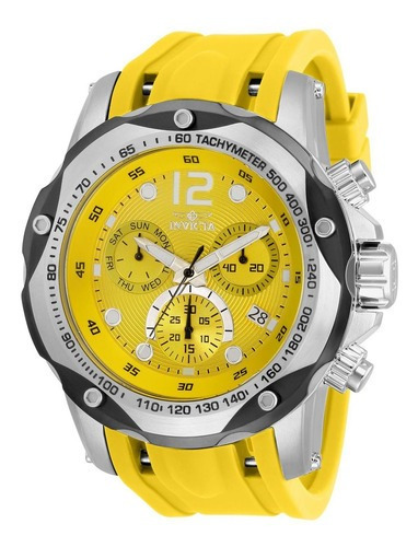 Reloj pulsera Invicta Speedway 33962 de cuerpo color plateado, analógico, para hombre, fondo amarillo, con correa de silicona color amarillo, agujas color plateado, blanco y negro, dial blanco y plateado, subesferas color amarillo y plateado, minutero/segundero negro, bisel color negro y plateado y hebilla simple