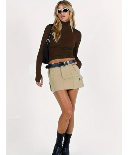 Top Liso De Poliéster Spandex Con Cuello Alto Y Cuello Alto