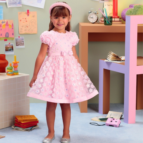 Vestido De Festa Infantil Rosa Tule Petit Cherie 22350 B.e.