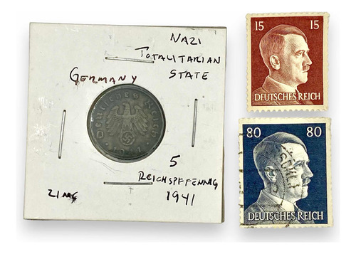 2 Estampillas Hitler + Moneda Alemana 5 Pfennig 1941 Swastik
