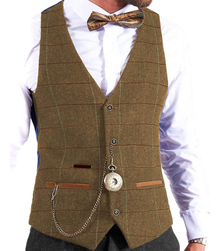 Chaleco Hombre Tweed Cuadros Marrón Formal Hombre