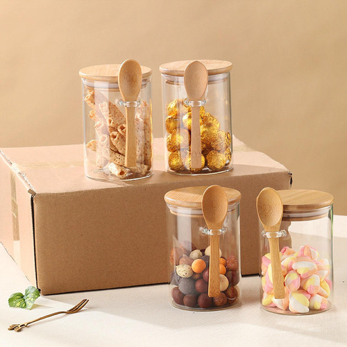Juego De 4 Tarros De Cristal Con Tapas De Bambú Y Cucharas