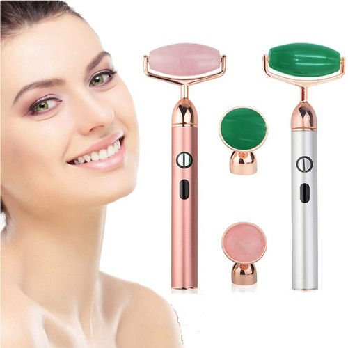 Pack Rodillo Facial Eléctrico Piedra Jade + Cuarzo Rosa Usb