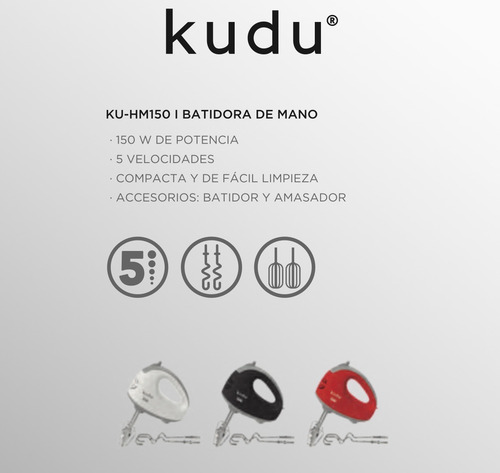 Imagen 4 de 8 de Batidora De Mano Eléctrica Kudu 150w 5v C/batidor Y Amasador