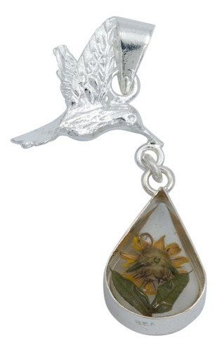 Collar Colibri Girasol Encapsulado Amor Plata 925 Color Lagrima
