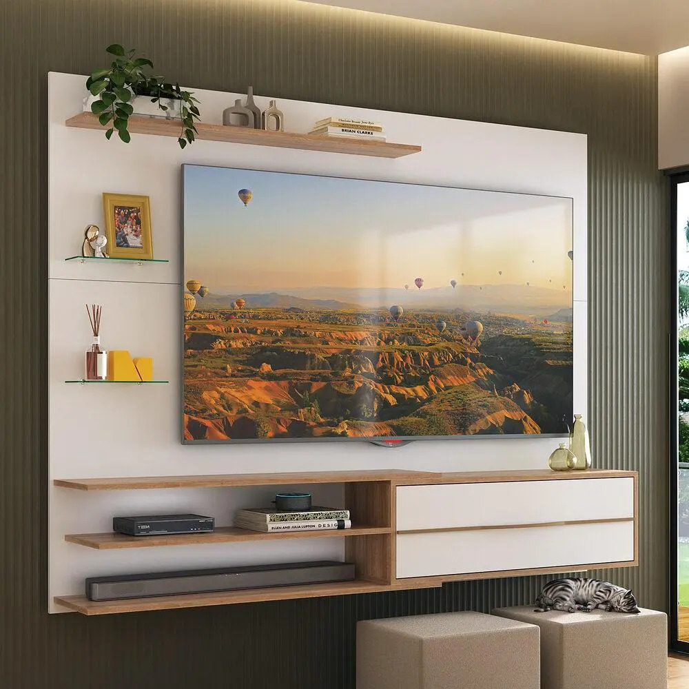 Painel para TV até 65 Polegadas 1 Porta e Prateleiras Multimóveis MP1064 Branco/Rustic