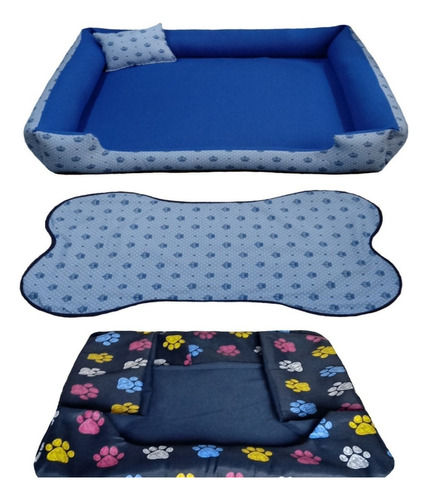 Cama Para Cachorro Grande Gg 95x95 Cm + Tapete E Capa Extra Cor Cama Azul + Capa Azul Marinho