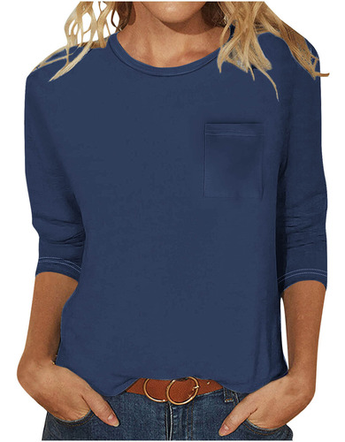 Top Casual Con Bolsillo Para Mujer, Color Liso, Cuello Redon