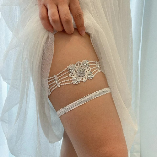Conjunto Liga Nupcial De Encaje Elástico De Novia Fino