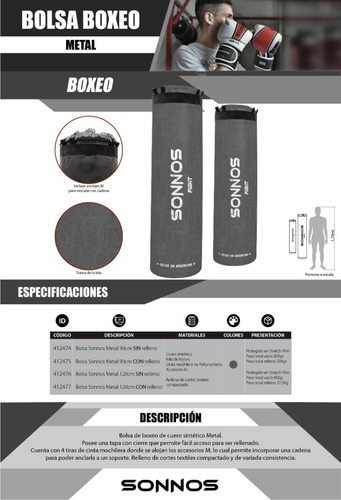 Bolsa De Boxeo 1,20 Mts. Sonnos Metal Cuero Sintético Fab Color Gris