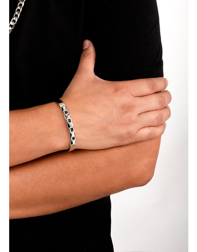 Pulsera Eslabón Y Trenzado Negro Baño De Platino Caballero Plateado 21 Cm 21 Cm