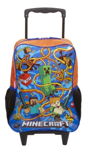 Mochila Minecraft Escolar Infantil Rodinhas Grande Sestini Cor Laranja/Azul