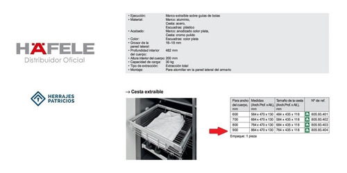 Imagen 4 de 4 de Cesta Canasto Extraible 900mm Hafele 805.93.404 Ropa/zapatos