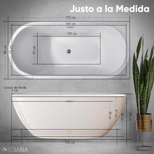 Tina de Baño Solana Modelo Tradicional Ovalada De Acrilico Solido Slim 170cm x 60cm / Bañera Blanca Montada En Piso