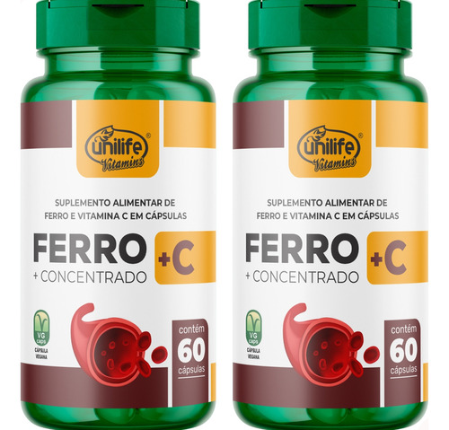 Kit 2 Ferro Com Vitamina C 60 Cápsulas Unilife