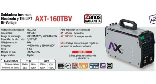 Soldadora Inversor Axt-160tbv 160 A Bi Voltaje Mma/tig Lift