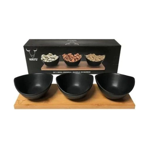  Set De 3 Bowls Cerámica Con Bandeja Bamboo Wayu 