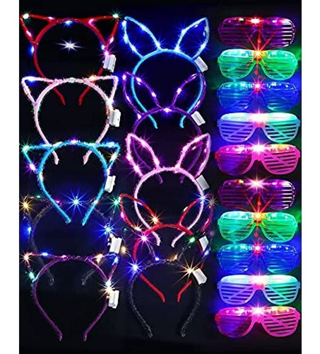 10 Gafas Con Luz Led, 5 Diademas Con Orejas De Gato Led, 5 D