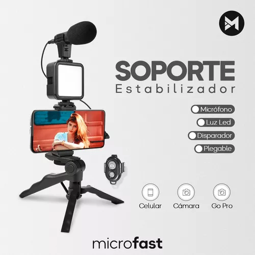 Kit Estabilizador Trípode Soporte Celular Luz Led Micrófono Vlog