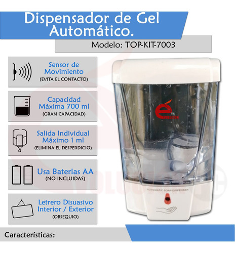 Imagen 4 de 9 de Despachador De Jabón Gel Automático 700ml Evitacontacto V11