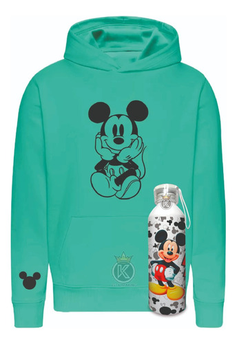 Poleron Mickey Mouse + Botella En Aluminio - Disney - Turquesa - Dibujos Animados - Serie Infantil - Raton - Mascota - Estampaking