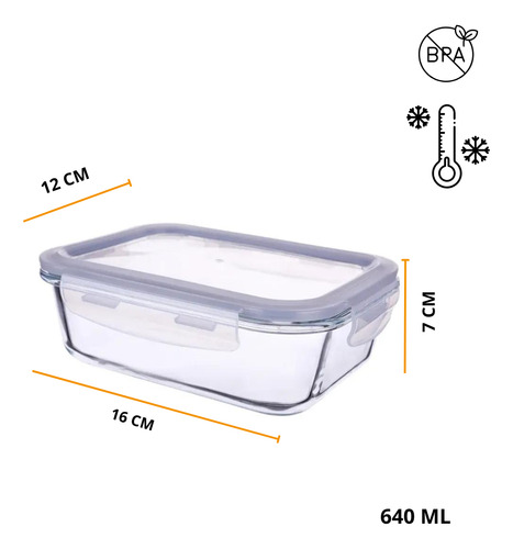 Yab - Kit 10 Potes De Vidro Marmita C/ Tampa Hermético 640ml Retangular 4 Travas Borossilicato Alimentos Micro-ondas Forno Freezer Geladeira