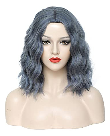 Shclying Gris Blue Wig Wavy Wig Short Bob Wigs Hombro V48qt