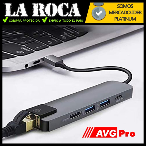 Imagen 5 de 10 de Adaptador Hub 5 En 1 Usb C Macbook Pro Hdmi Rj45 Usb Cuo
